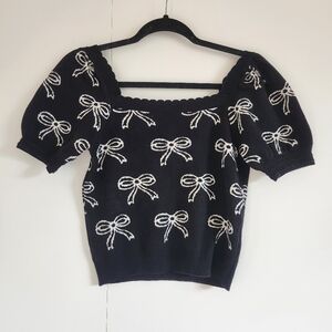 Black Puff Sleeve Bow Knit Top | Willow & Wind Coquette Cottagecore S